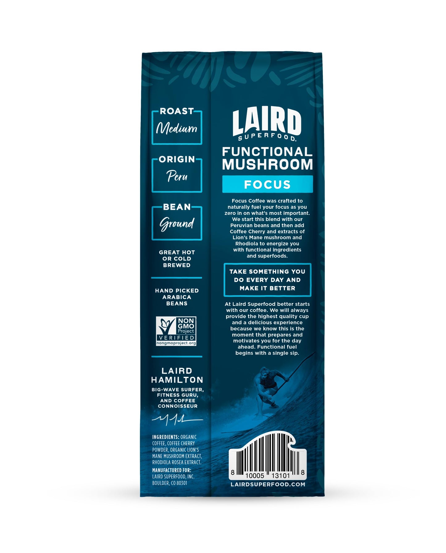 Laird Superfood Focus Coffee, Medium Roast Ground Coffee Infused with Functional Mushrooms and Botanical Adaptogens, 12 oz. Bag
