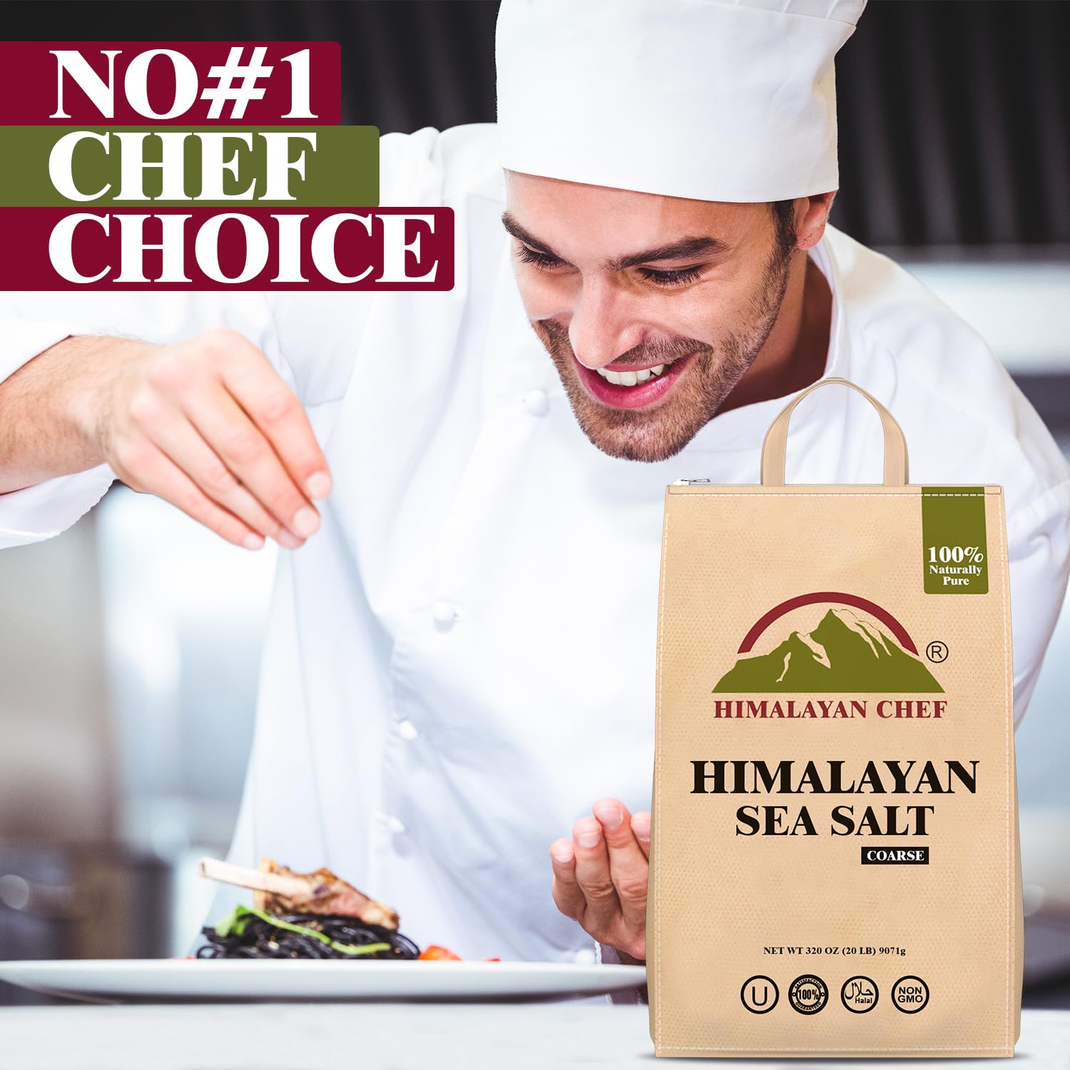 Himalayan Chef Sea Salt, Coarse Grain, 320 Ounces Resealable Bag, Pure & Natural Sun Dried Sea Salt, Unrefined, Gluten Free, Grinder Refill Sea Salts