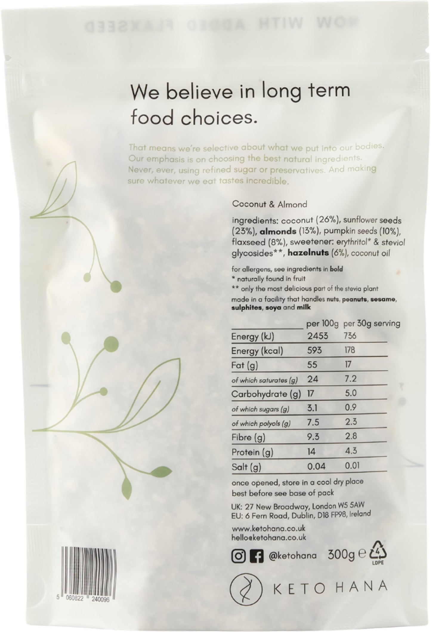 Keto Hana Coconut & Almond Keto Granola Breakfast Cereal with just 1.1g Net Carbs (300g) Low Carb, High Protein Snack