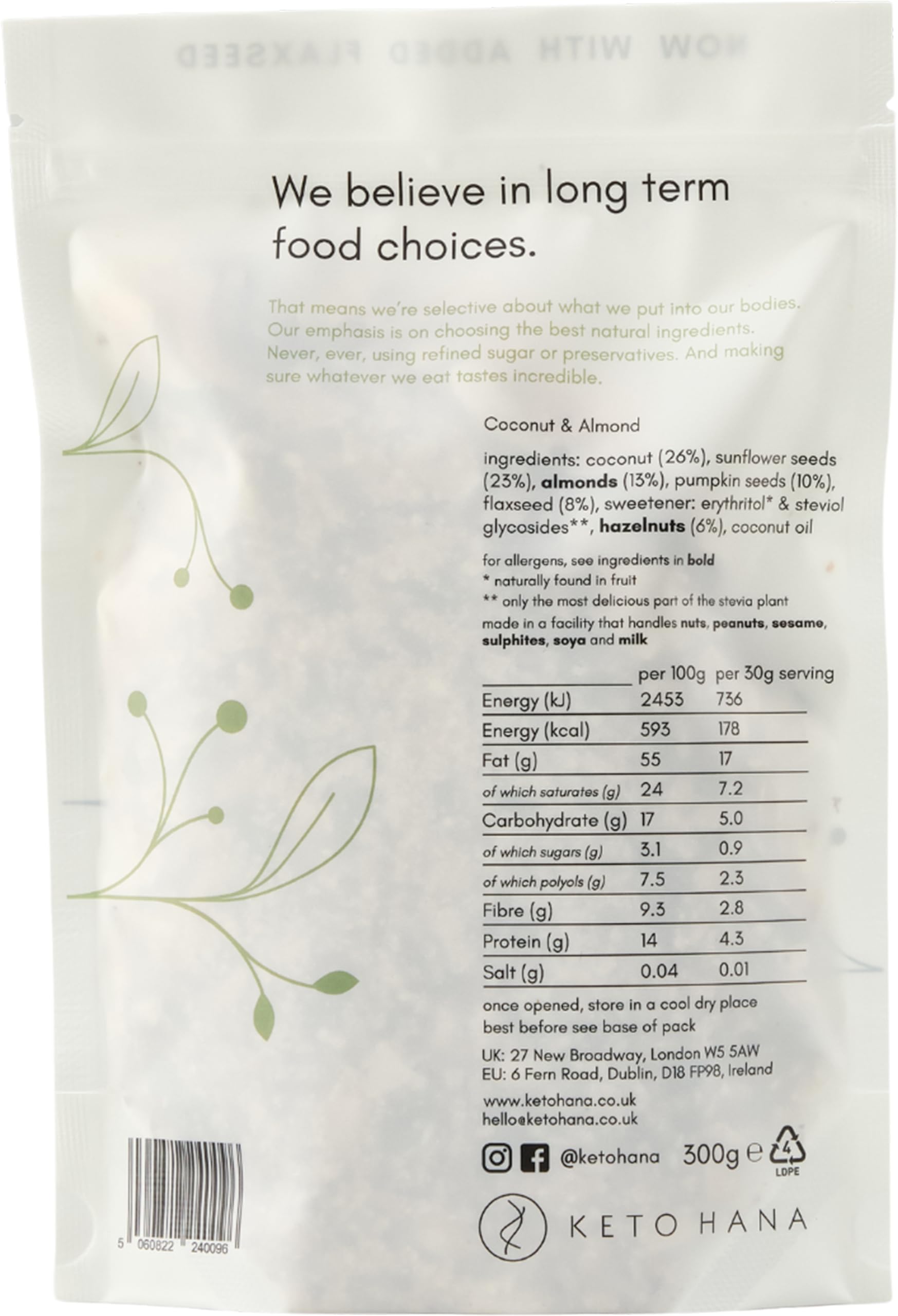 Keto Hana Coconut & Almond Keto Granola Breakfast Cereal with just 1.1g Net Carbs (300g) Low Carb, High Protein Snack