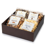 POPINSANITY Gourmet Popcorn Gift Set In A Deep Chocolate Brown Deluxe Box. Overflowing with 4 Bags x 6 Oz Most Popular Popped Popcorn Flavors. Kosher
