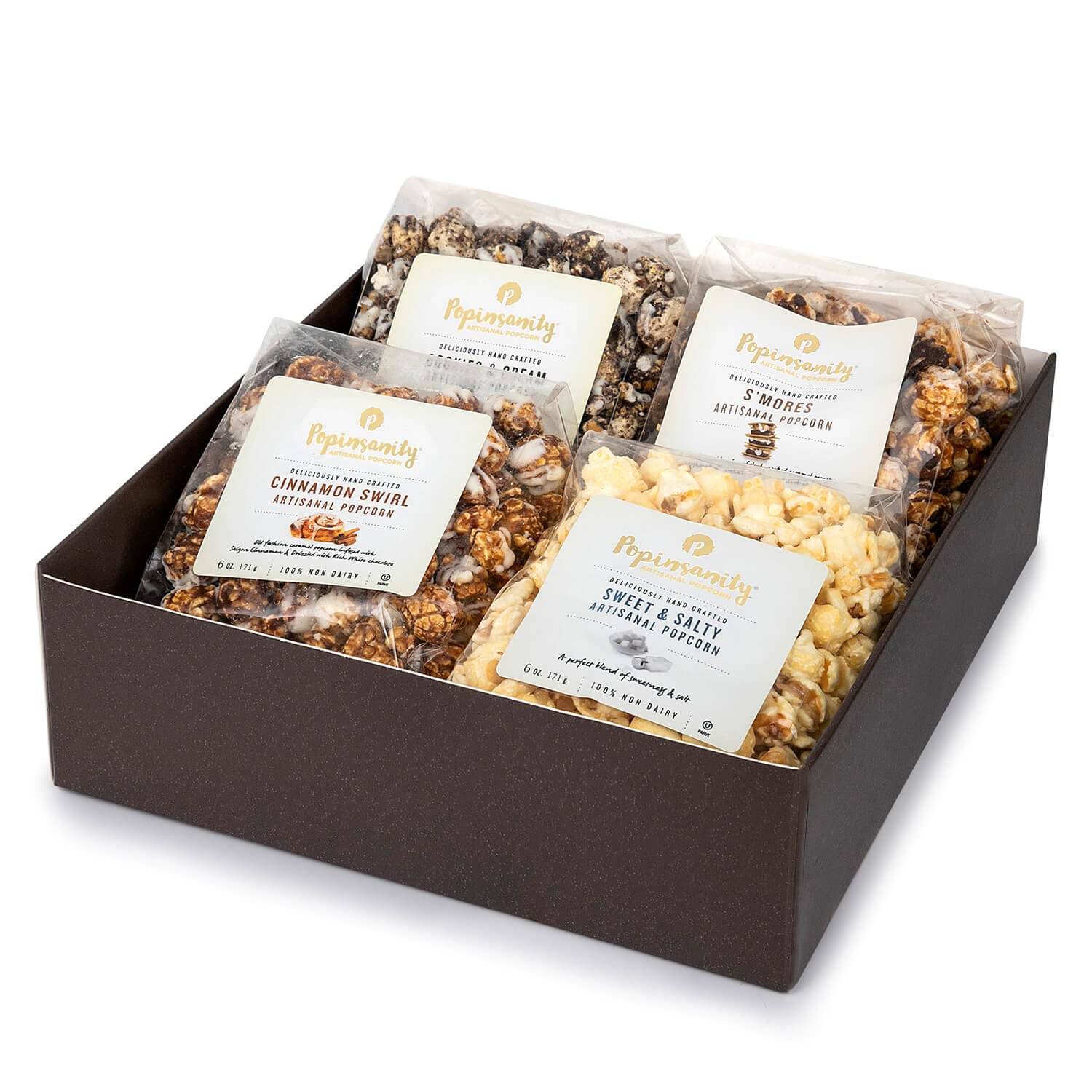 POPINSANITY Gourmet Popcorn Gift Set In A Deep Chocolate Brown Deluxe Box. Overflowing with 4 Bags x 6 Oz Most Popular Popped Popcorn Flavors. Kosher