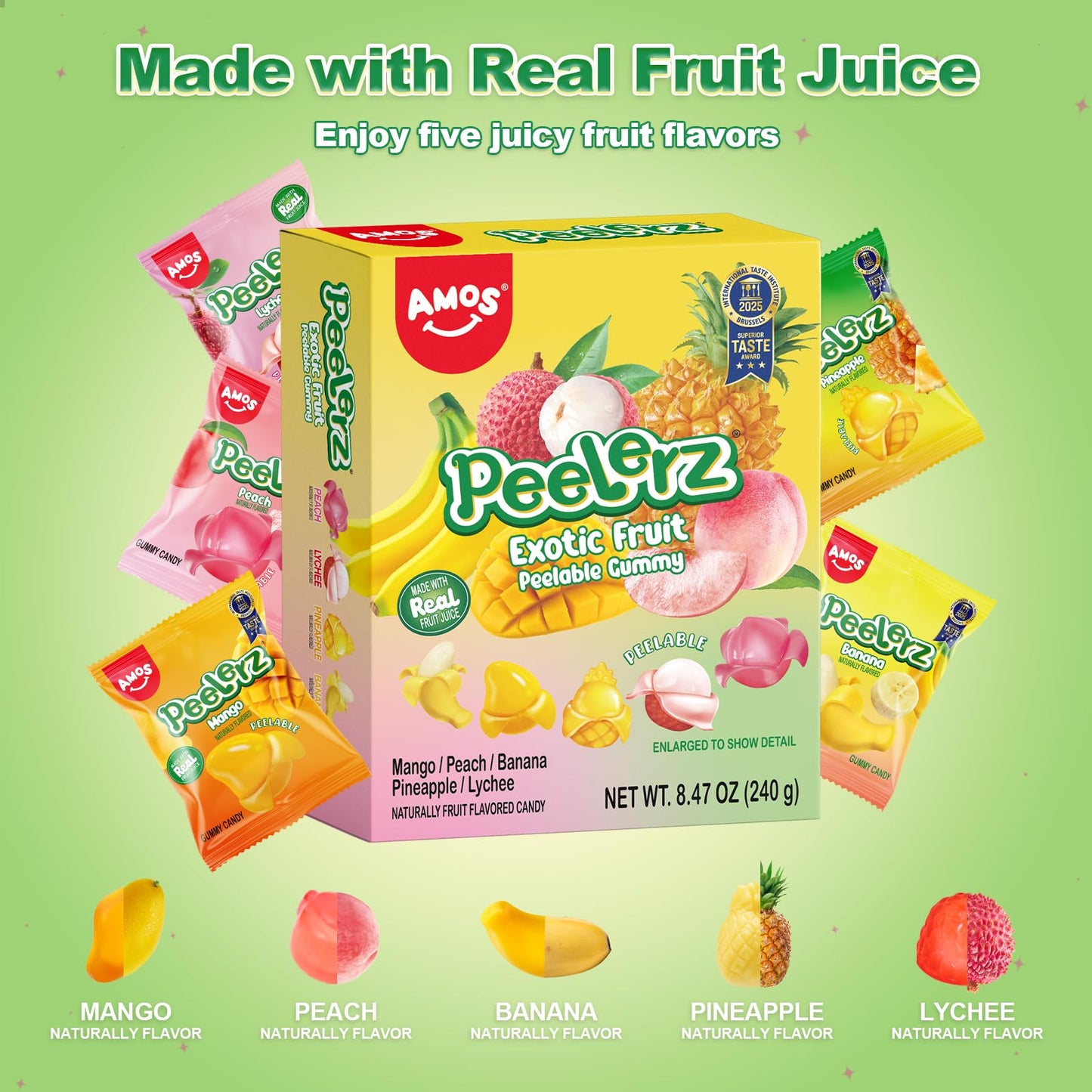 AMOS Peelerz Exotic Fruit Peelable Gummy Candy, 5 Tropical Flavors Mango Peach Banana Pineapple Lychee, Soft Chewy Filled Gummies, Individually