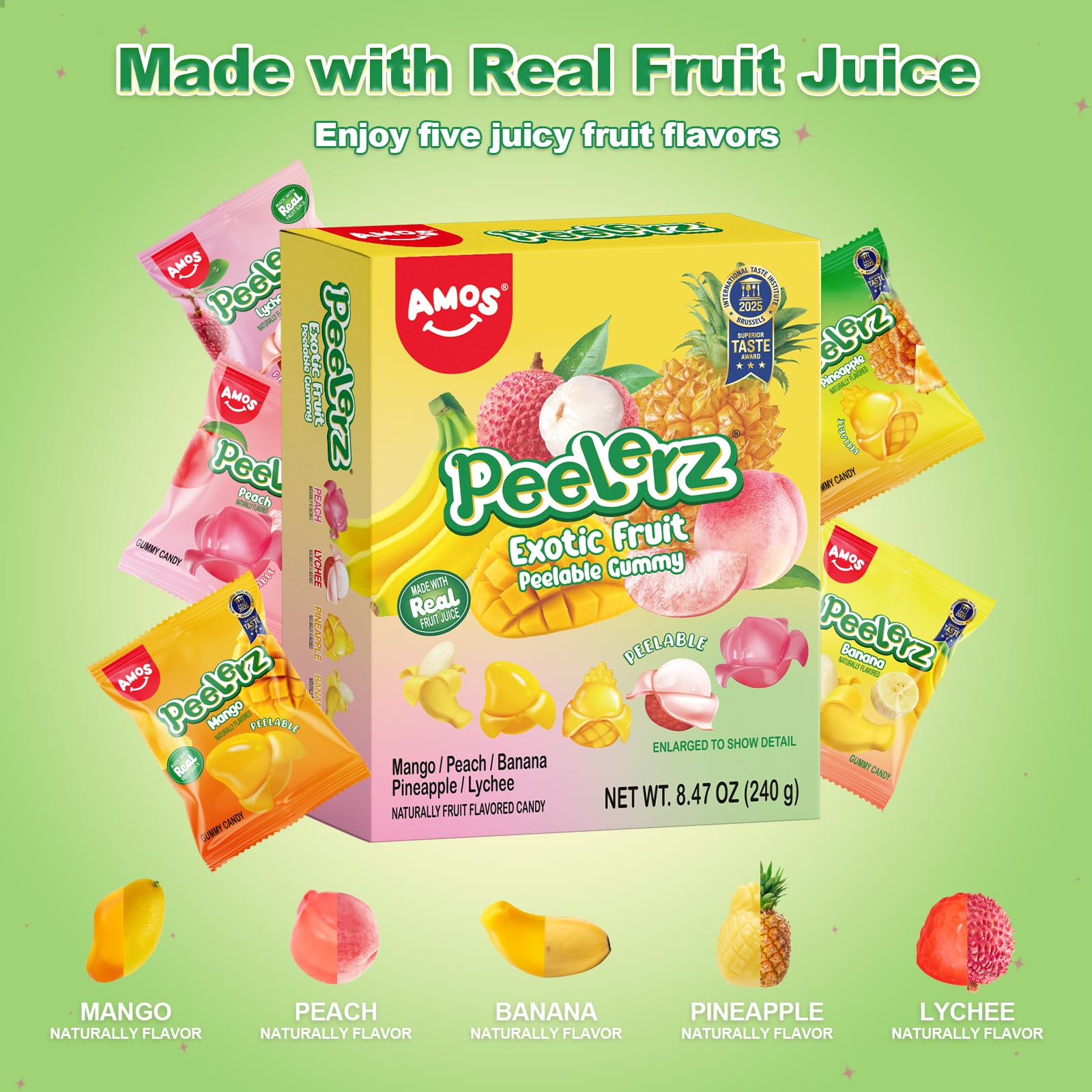 AMOS Peelerz Exotic Fruit Peelable Gummy Candy, 5 Tropical Flavors Mango Peach Banana Pineapple Lychee, Soft Chewy Filled Gummies, Individually