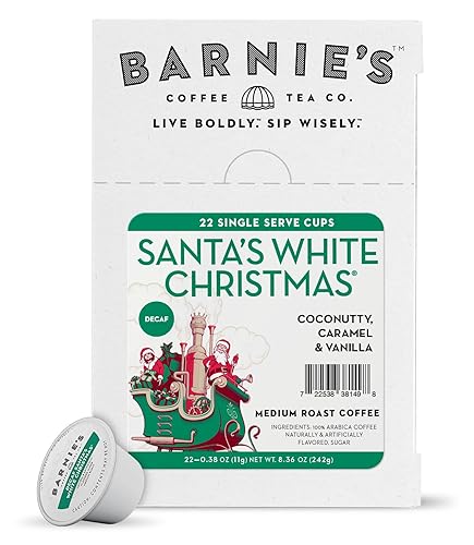 BARNIE'S COFFEE TEA CO. Single Serve K cups for Keurig Brewers Medium Roast Arabica Coffe Beans, Decaf Santa's White Christmas, 22 Count