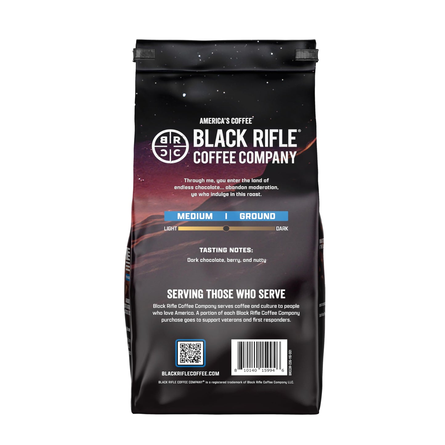 Black Rifle Coffee Company Dark Chocolate Roast 11oz Gound Coffee with Smooth, Indulgent Dark Chocolate Notes for a Decadent Brew.