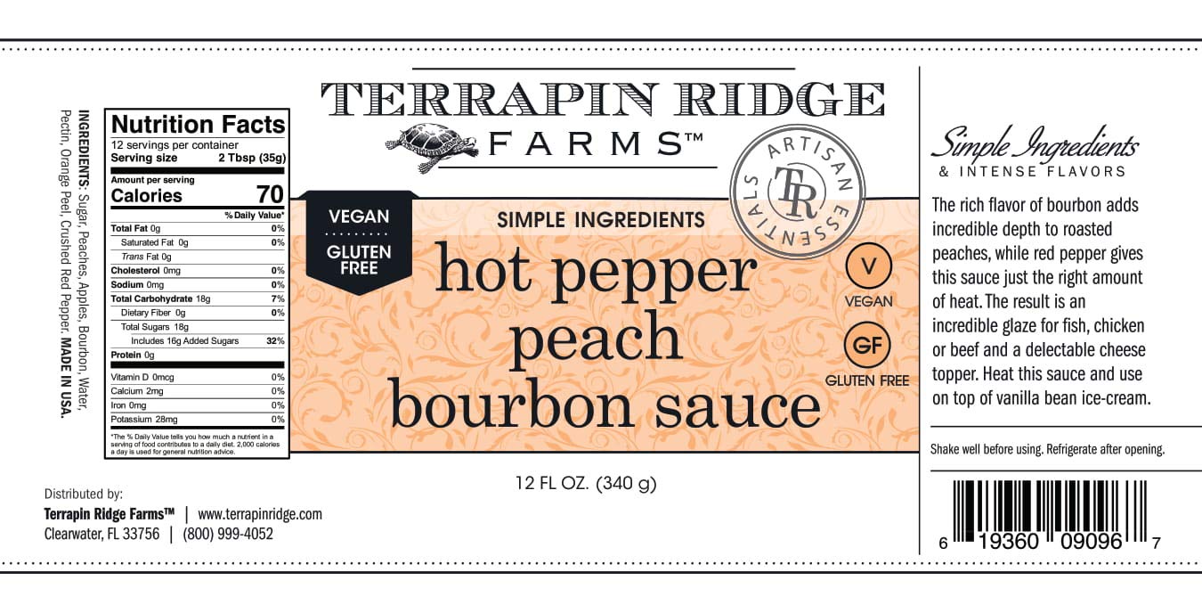 Terrapin Ridge Farms Hot Pepper Peach Bourbon Sauce - Sweet & Spicy Gourmet Glaze and Topping - 12 Fl Oz Bottle