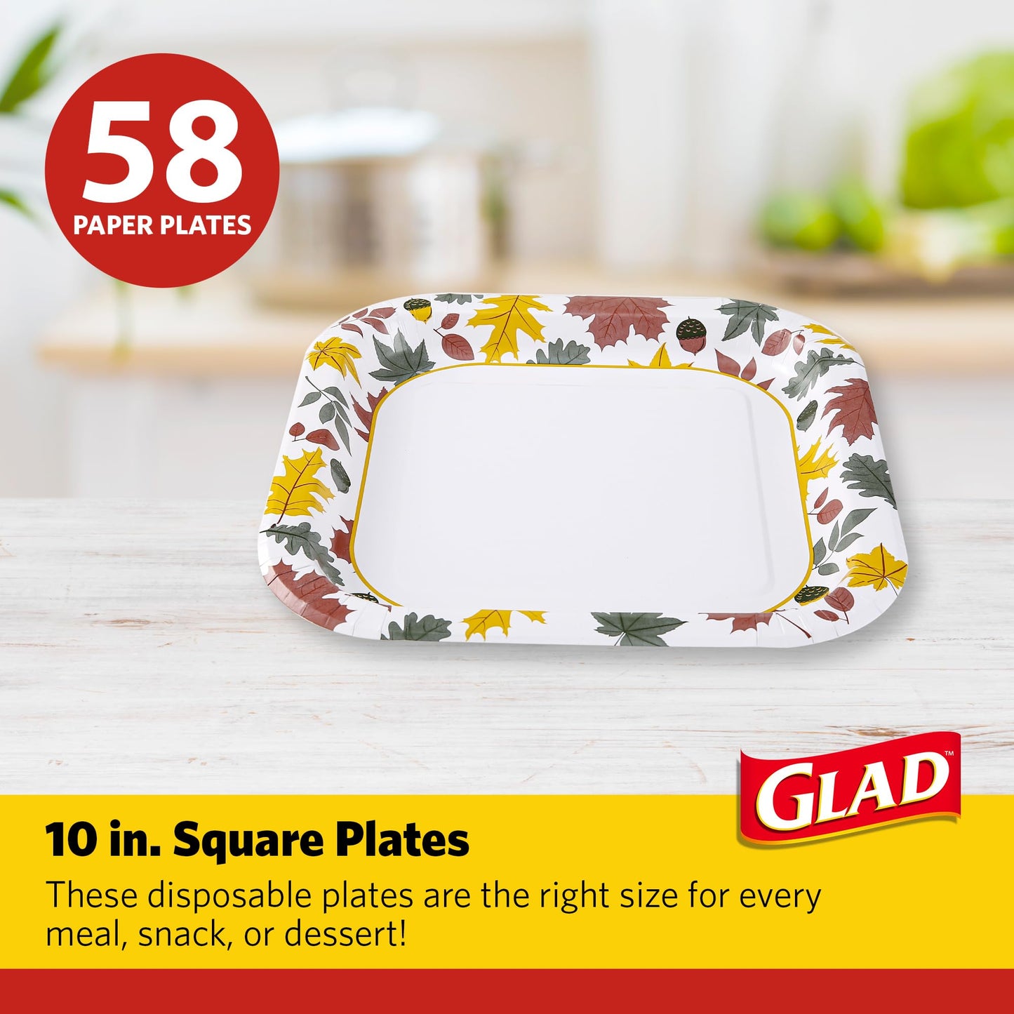 Glad Square Disposable Paper Plates, Falling Foliage Autumn Leaf Pattern - Soak Proof, Microwave Safe, Cut-Resistant Seasonal Dinner Plates for Fall