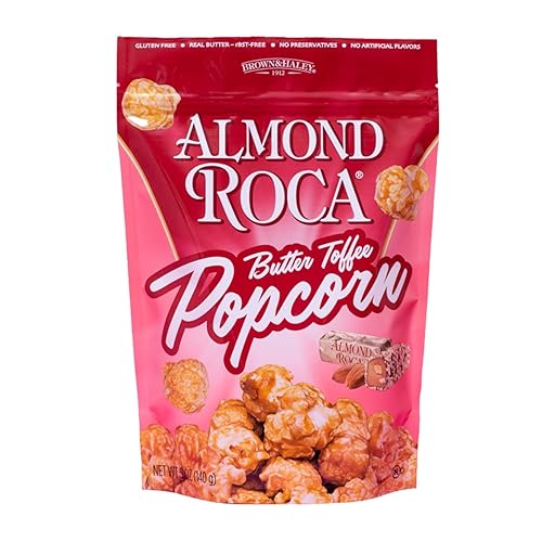 Almond Roca Butter Toffee Flavored Popcorn - 5oz Snack Bag - Sweet Crunchy Kettle Popped Popcorn with Buttery Toffee & Almonds - Gluten Free Snacks