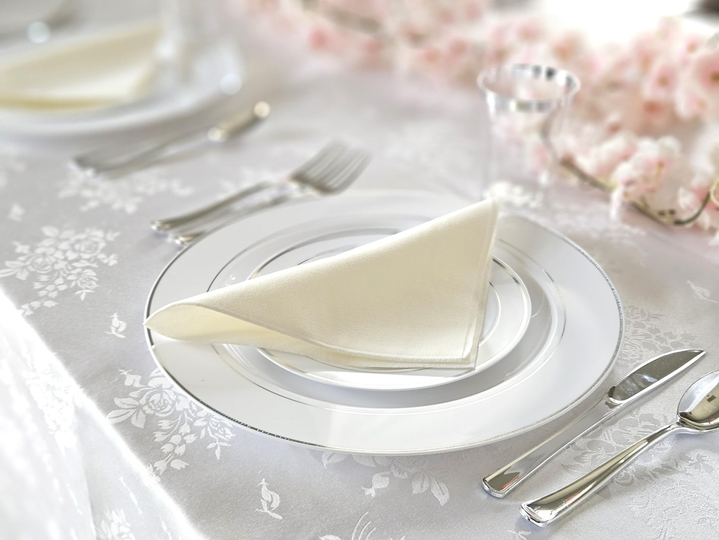 " OCCASIONS " 320 pcs/40 Guest-Full Tableware Set-Wedding Disposable Plastic Plates Silverware, Silver Rimmed Tumblers and White Paper Napkins (Combo