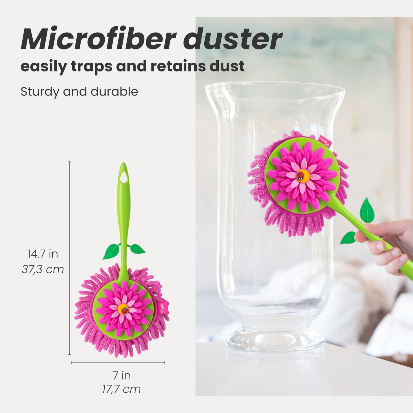 Vigar Flower Power Microfiber Duster with Non-Slip Handle - Washable Reusable Duster Head, Dust Cloth for Cleaning Furniture and Delicate Surfaces