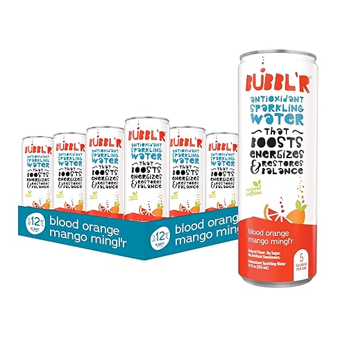 BUBBL'R blood orange mango mingl'r, Antioxidant Sparkling Water with Natural Caffeine, 0g Sugar, Gluten Free, All Natural Flavors, 12 Fl Oz Cans, 12