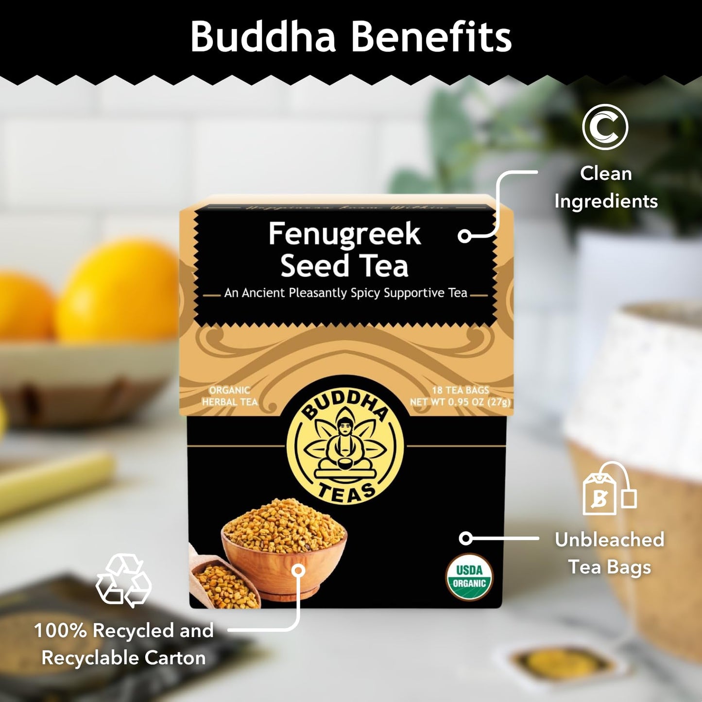 Buddha Teas - Fenugreek Seed Tea - Herbal Tea - Supports Digestion & Overall Wellness - Natural Ingredients - Caffeine Free - OU Kosher - 18 Tea Bags
