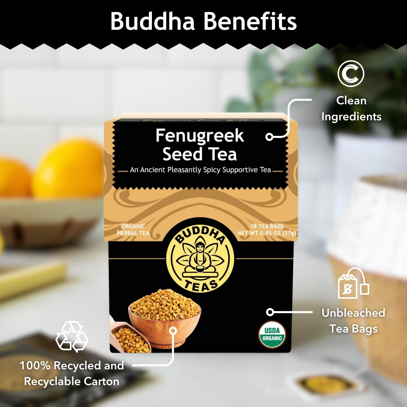 Buddha Teas - Fenugreek Seed Tea - Herbal Tea - Supports Digestion & Overall Wellness - Natural Ingredients - Caffeine Free - OU Kosher - 18 Tea Bags