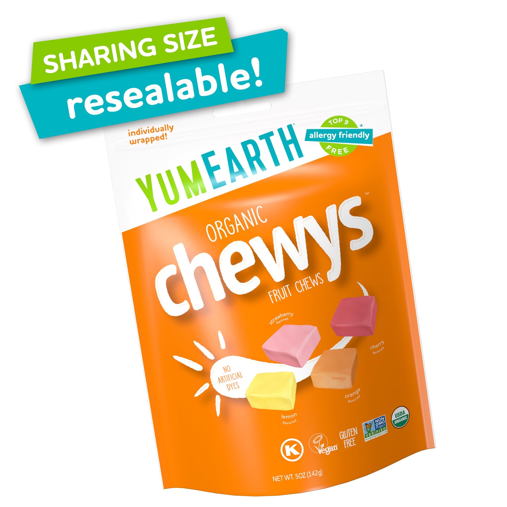 YumEarth Organic Fruit Chews - Fruit Flavored Candy Chews, No Dye, Allergy Friendly, Gluten Free, Non-GMO, Vegan Candy with No Artificial Dyes, 5