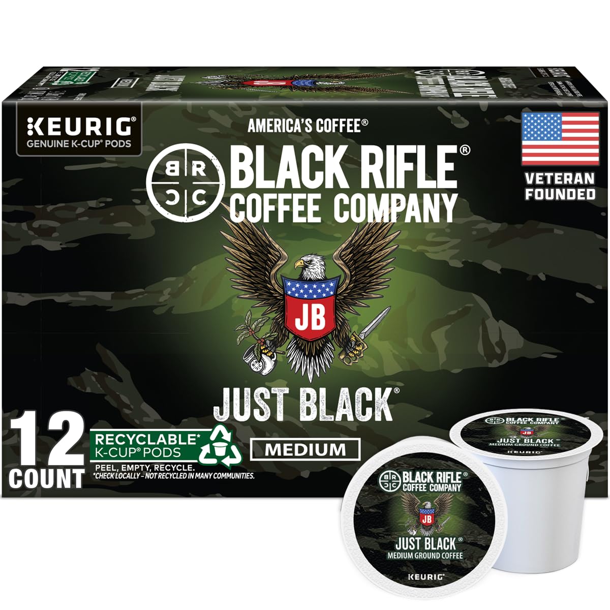 Black Rifle Coffee Company Just Black, 12 Count, Medium Roast K Cups - Single Serve K Cups Coffee Pods - Kcup Pods Compatible with Keurig 1.0 & 2.0