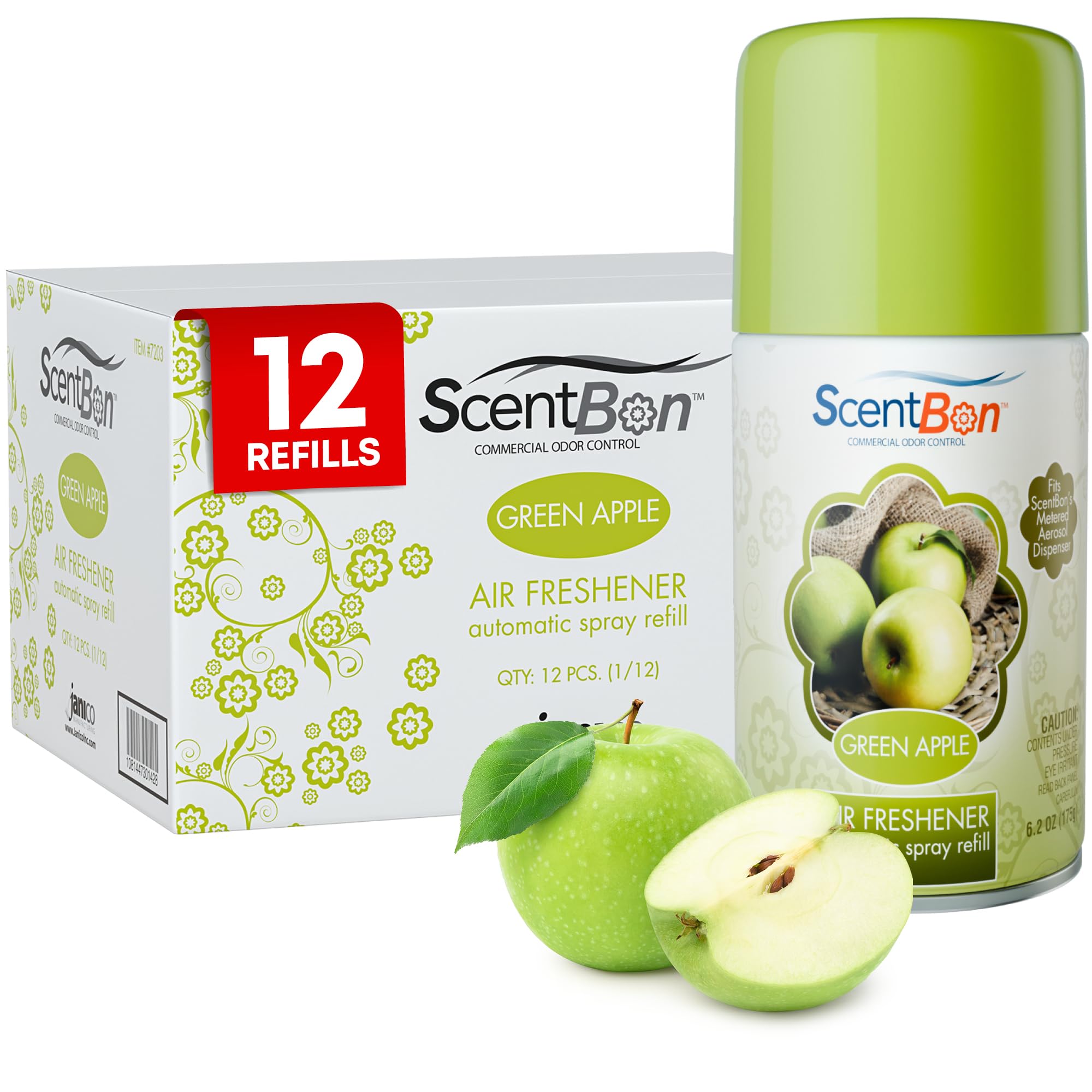 ScentBon Air Freshener Refill Metered Aerosol Can, Cinnamon, Fresh Linen, Green Apple, Mango, Ocean, Vanilla, Pack of 12 (12, Green - Green Apple