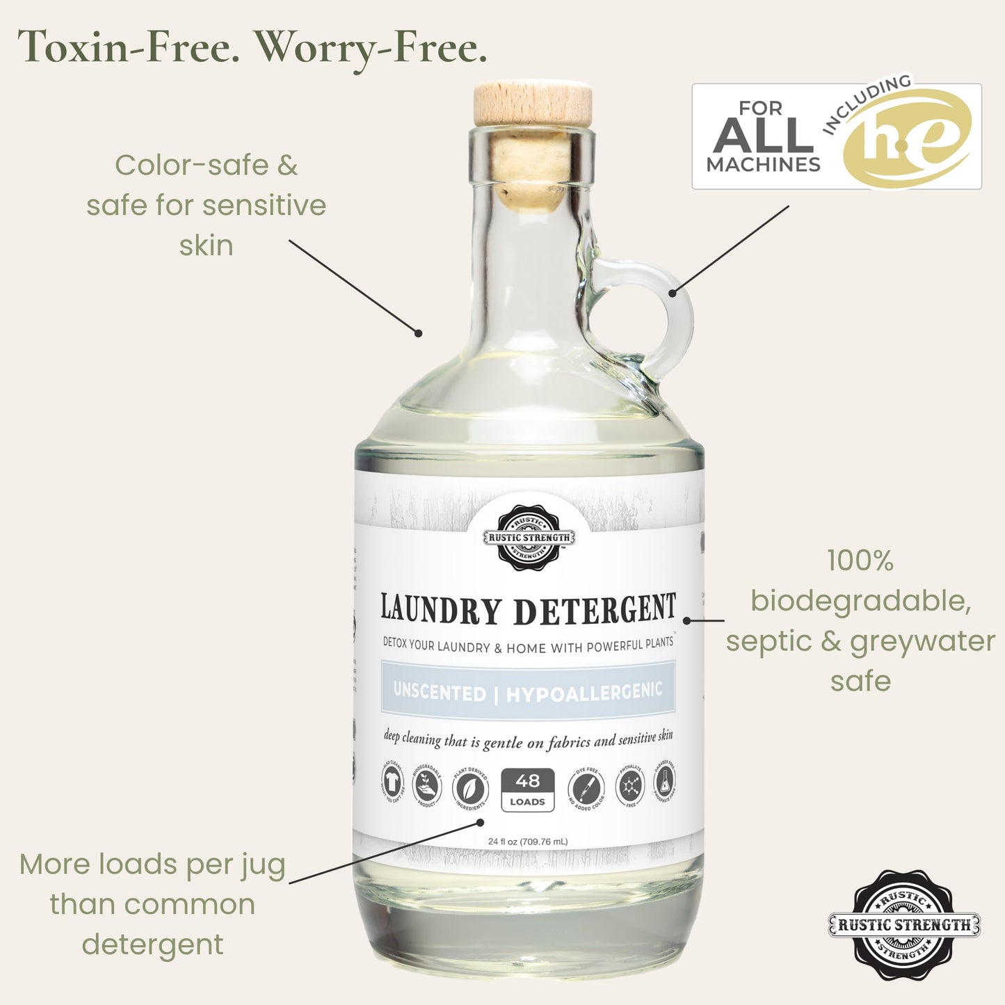 Rustic Strength Natural Laundry Detergent, Unscented, Sensitive Skin, HE Compatible, 24 oz Glass