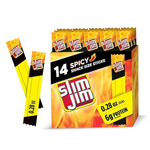 Slim Jim Smoked Meat Sticks, Spicy Flavor, 6g Protein Per Serving, Snack Size, 0.28 oz. (14 Count)