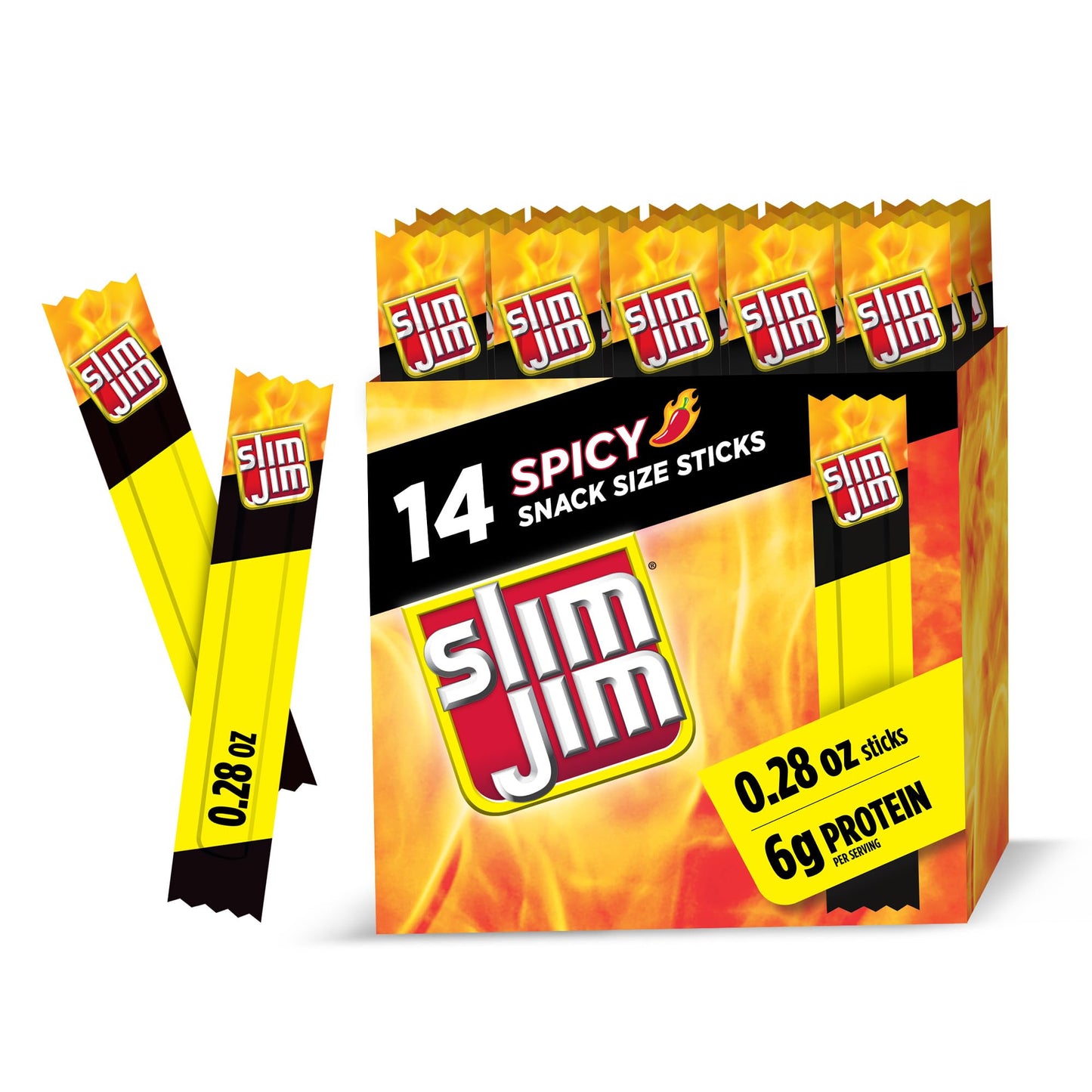 Slim Jim Smoked Meat Sticks, Spicy Flavor, 6g Protein Per Serving, Snack Size, 0.28 oz. (14 Count)