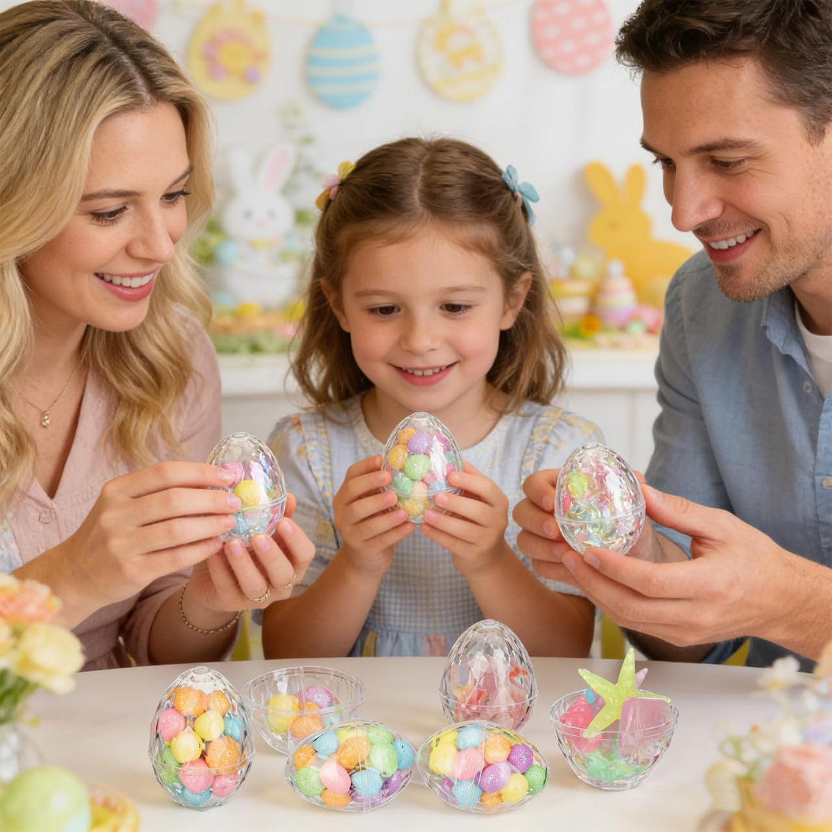 JECOMPRIS 24pcs Fillable Easter Eggs: 3.14x2.16 Inch Clear Plastic Diamond Eggs Sparkling - Party Candy Containers for Easter Hunt Suprise Filling