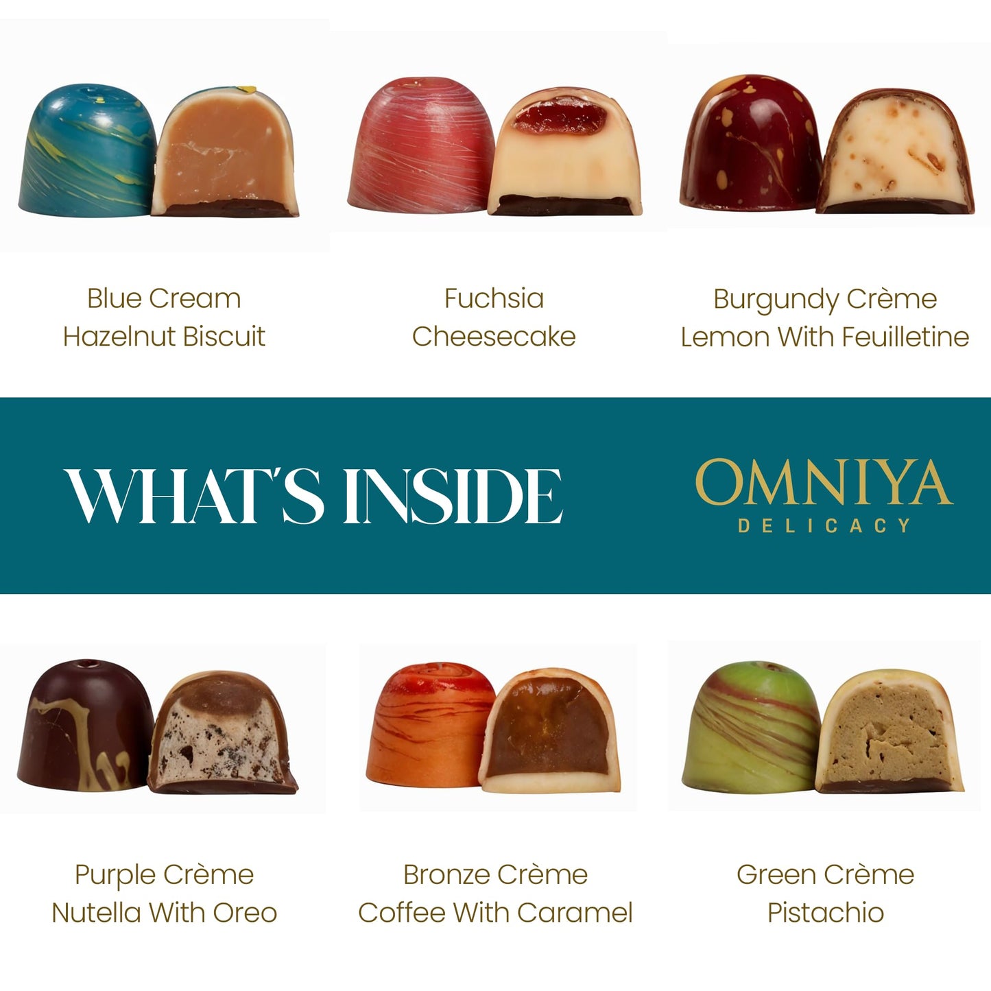 OMNIYA Delicacy Chocolate Galaxy Bonbon Box - 20 Artisan Bonbons with Gourmet Fillings - Pistachio, Hazelnut, Coffee, Cheesecake & Lemon - Luxury Gift