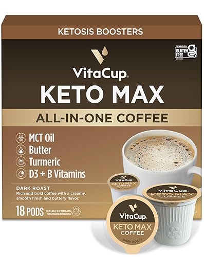 VitaCup Keto Max Dark Roast Coffee Pods, Ketosis & Energy, Butter, MCT Oil, Turmeric, B Vitamins, D3, All-In-One Keto Single Serve Pod Compatible