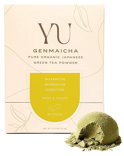 Yu Tea Organic Genmaicha Green Tea Powder, 30 Instant Packets | Japanese Green Tea & Roasted Brown Rice | Low Caffeine & Unsweetened | Relaxation