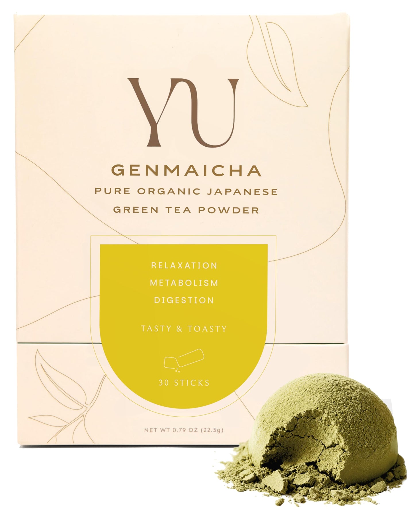 Yu Tea Organic Genmaicha Green Tea Powder, 30 Instant Packets | Japanese Green Tea & Roasted Brown Rice | Low Caffeine & Unsweetened | Relaxation