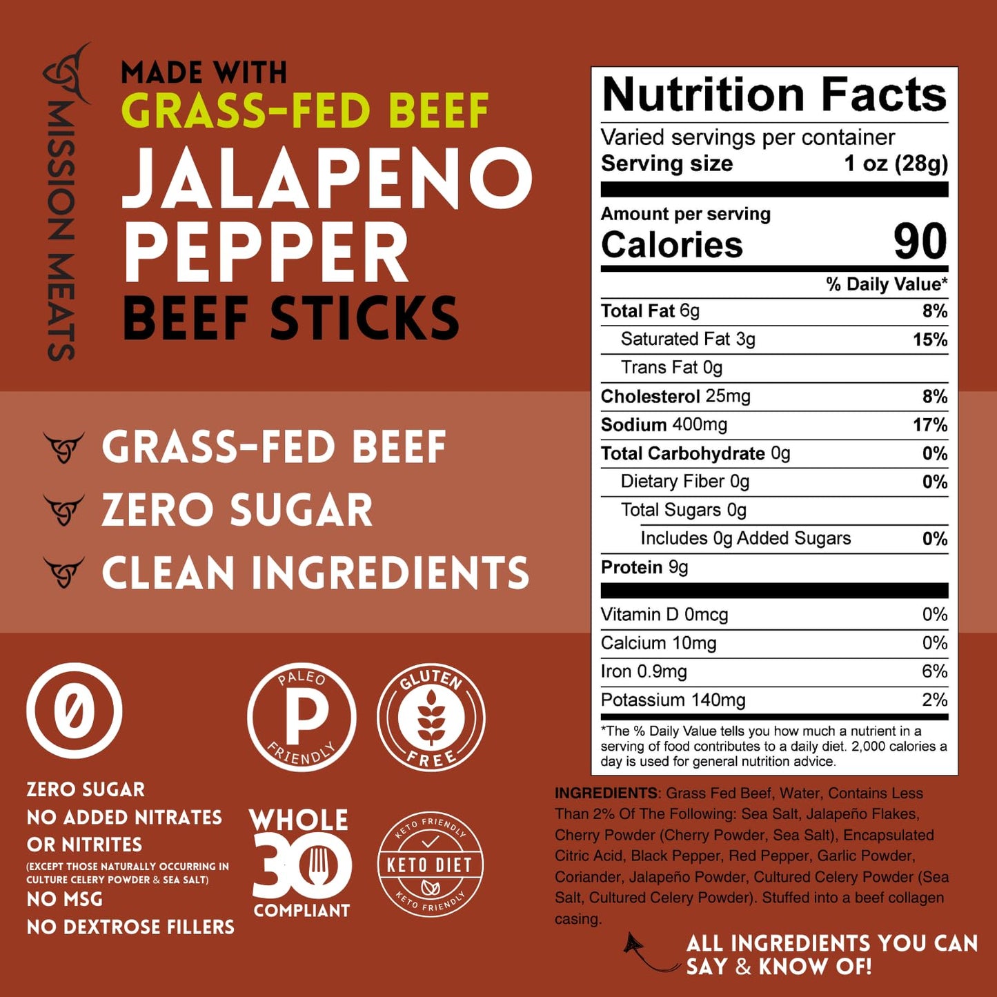 Mission Meats Beef Sticks - 100% Grass Fed & Pasture Raised, Sugar Free, Individually Wrapped Healthy Snacks, Whole 30 & Paleo Friendly, Jalapeno 1oz