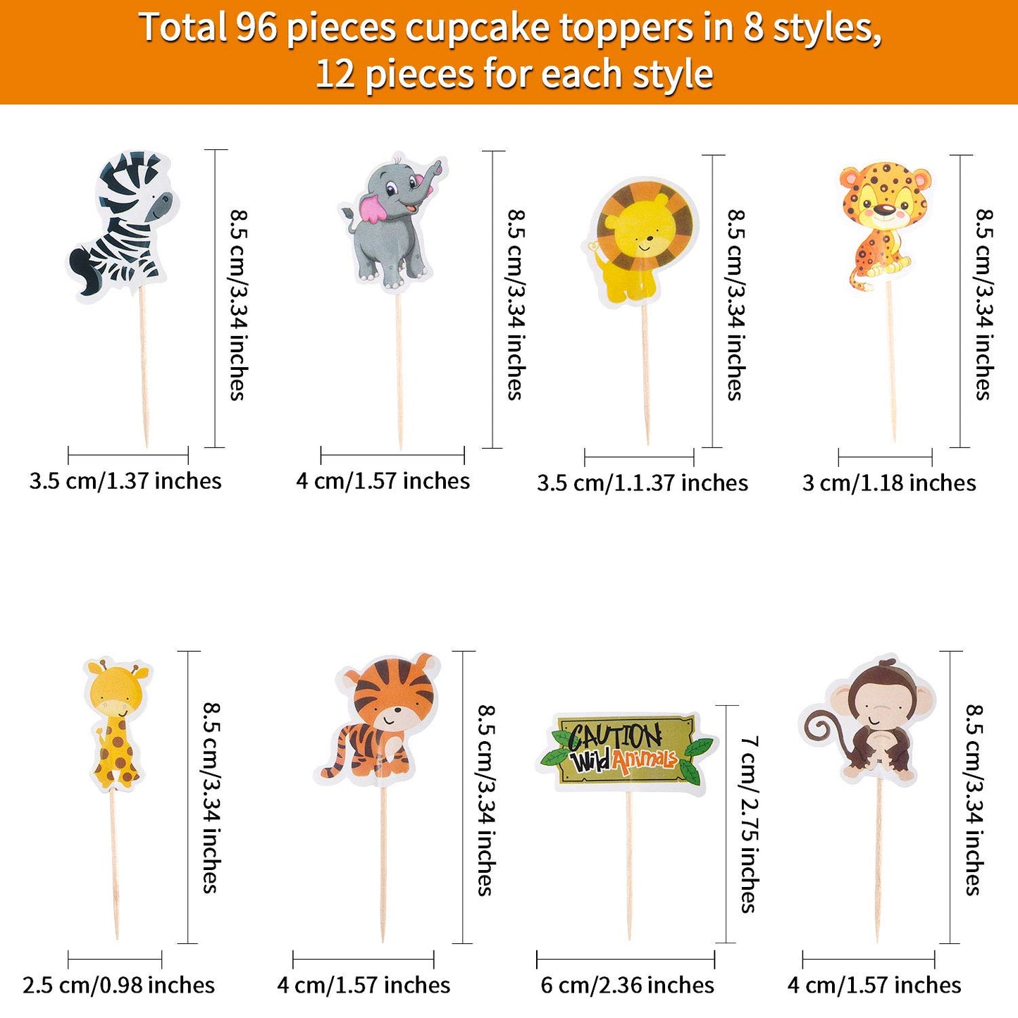96 Pieces Safari Cupcake Toppers Jungle Animal Cupcake Picks Tiger Zebra Monkey Leopard Elephant Giraffe Lion Toothpicks Zoo Theme Cake Decorations