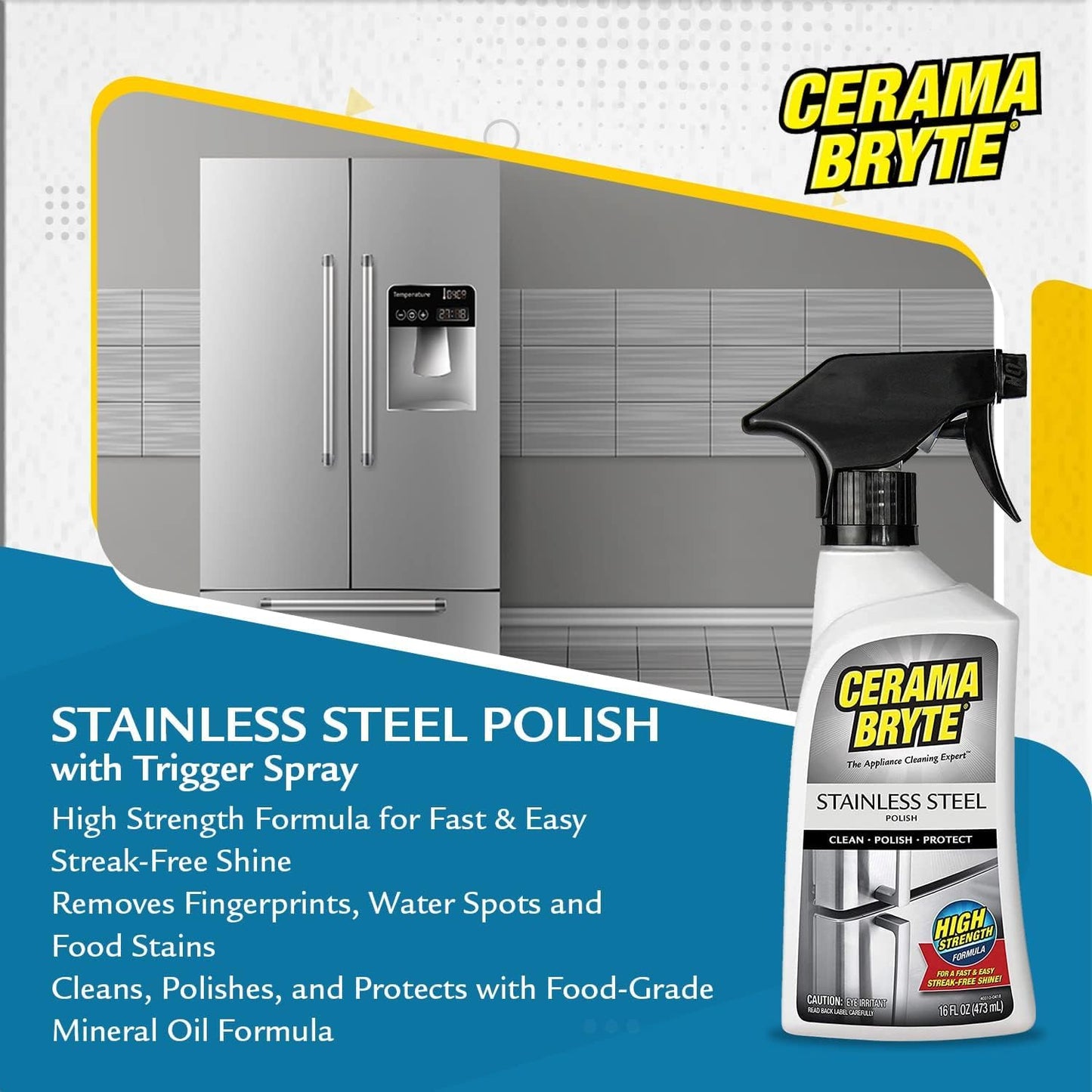 Cerama Bryte High Strength Protective Stainless Steel Appliance Cleaner & Polish Spray with Mineral Oil - 16 oz, Includes Large Microfiber Cloth