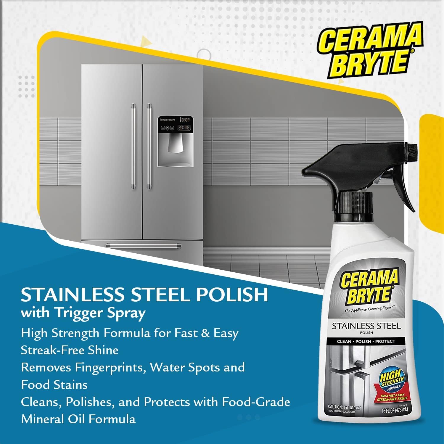 Cerama Bryte High Strength Protective Stainless Steel Appliance Cleaner & Polish Spray with Mineral Oil - 16 oz, Includes Large Microfiber Cloth