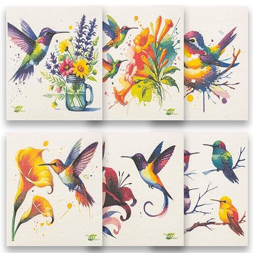 SWEDEdishcloths - Cellulose Sponge Dish Towels - Mixed Set of 6 (One of Each Design) Humingbirds Swedish Dish Cloths
