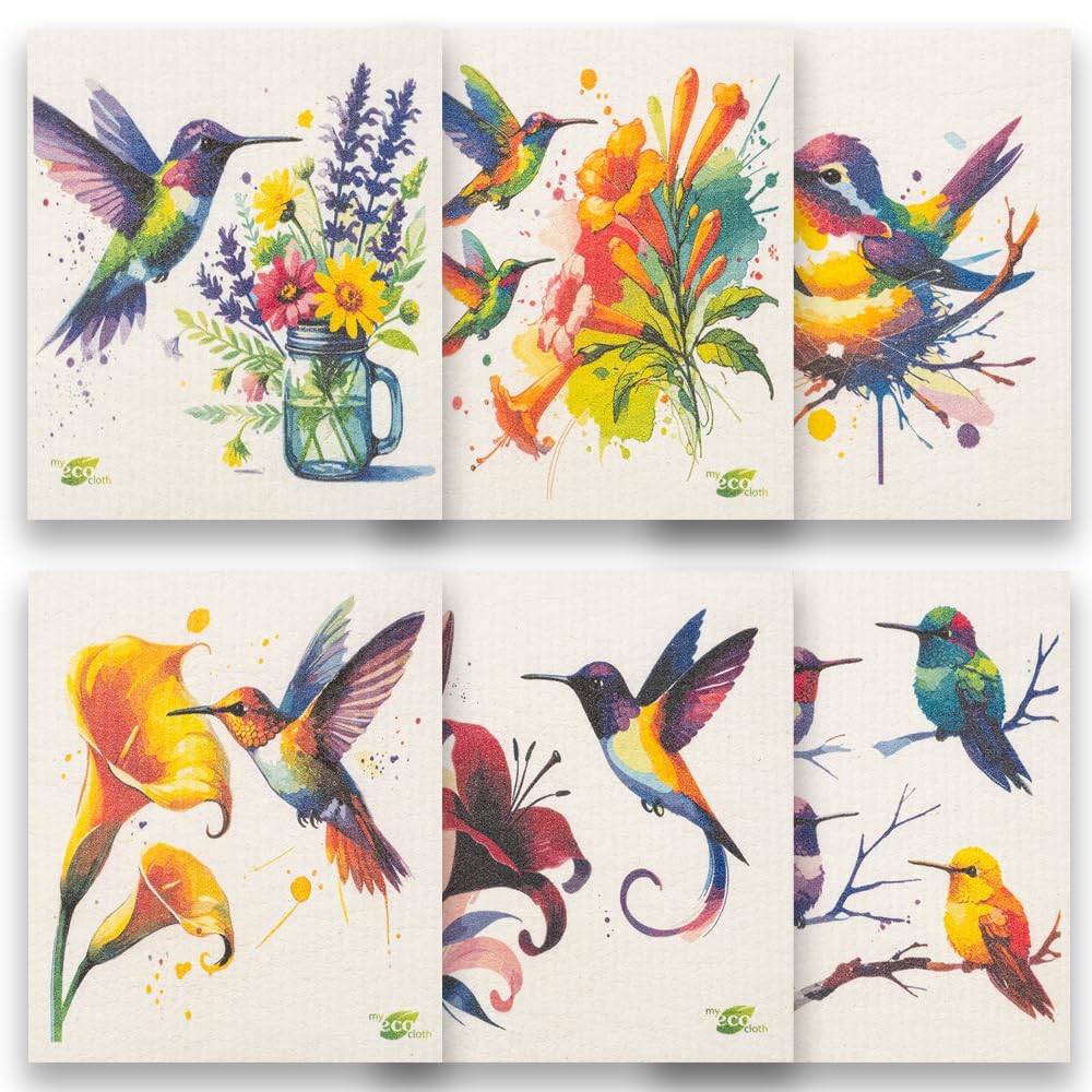 SWEDEdishcloths - Cellulose Sponge Dish Towels - Mixed Set of 6 (One of Each Design) Humingbirds Swedish Dish Cloths