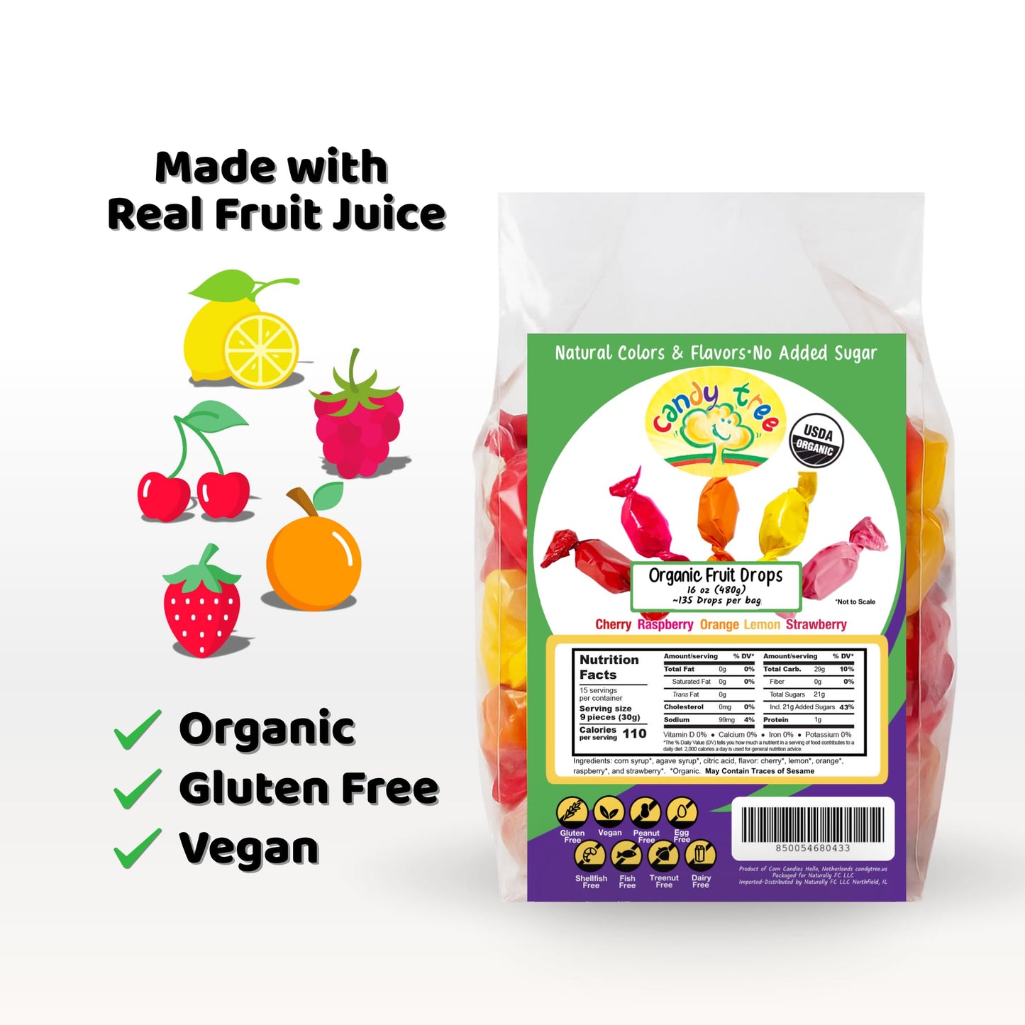 Candy Tree Organic Fruit Drops - No Added Sugar, Vegan, Gluten-Free, USDA Organic, Allergen-Free, Assorted Cherry, Lemon, Orange, Raspberry