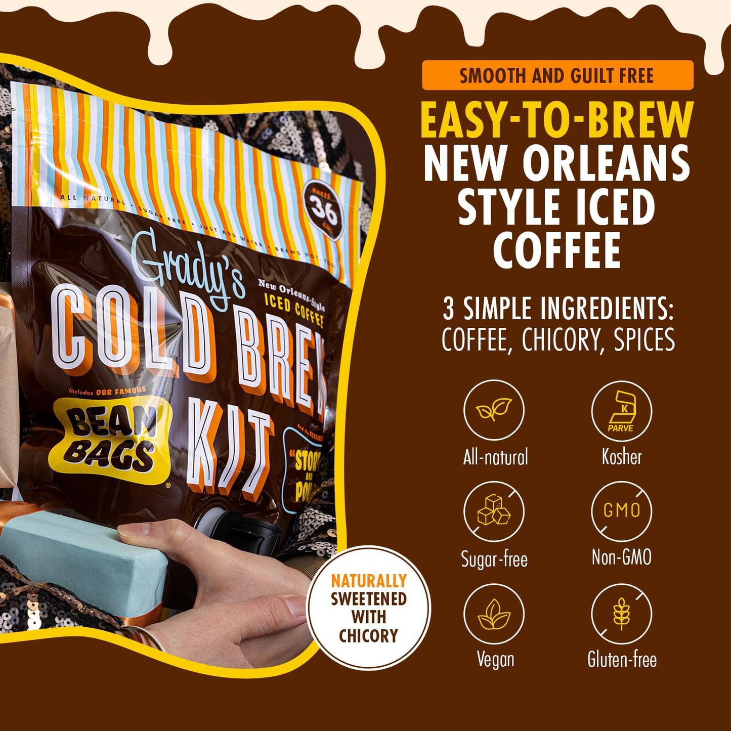 GRADY’S COLD BREW, New Orleans Style, 100% Arabica Ground Coffee & Chicory Pouches, All-in-One Cold Brew Kit with 12 Easy-to-Brew Beans Bags, Makes 36