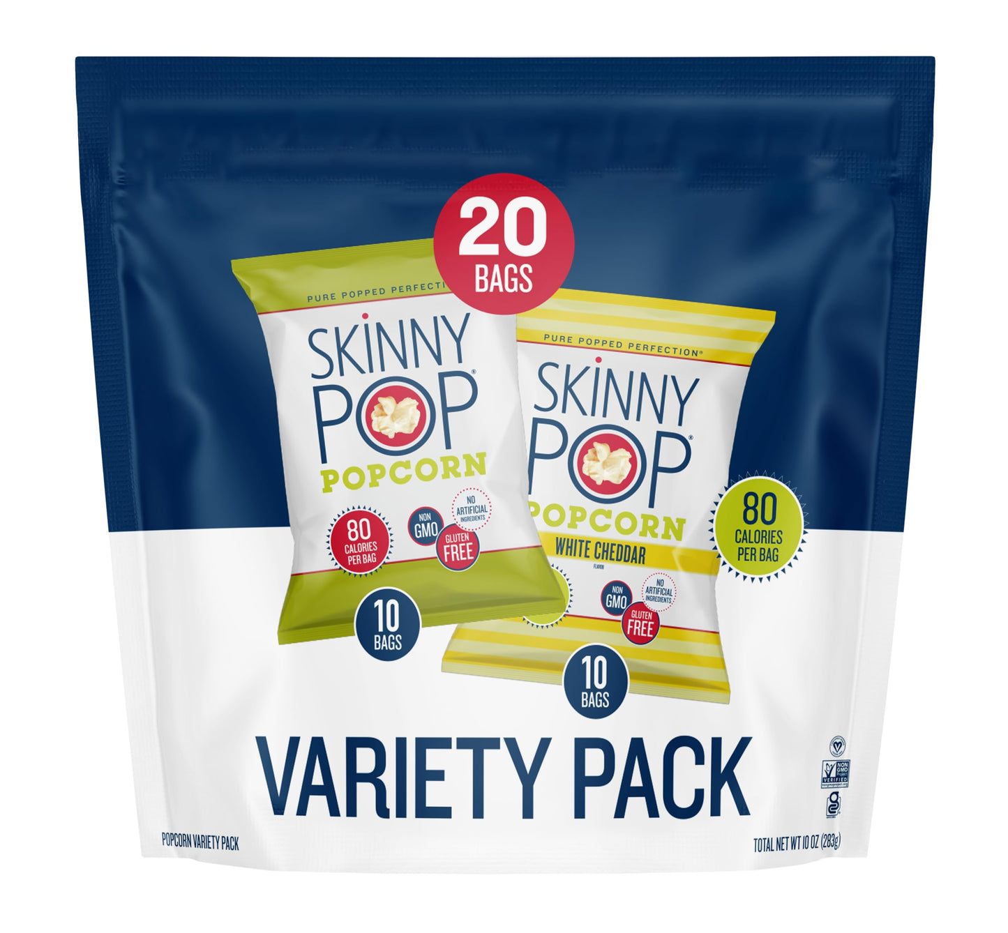 SkinnyPop Variety Pack Original and White Cheddar Popcorn, Gluten Free, Vegan Popcorn, Non-GMO, Healthy Popcorn Snacks, Skinny Pop, 0.5oz Individually