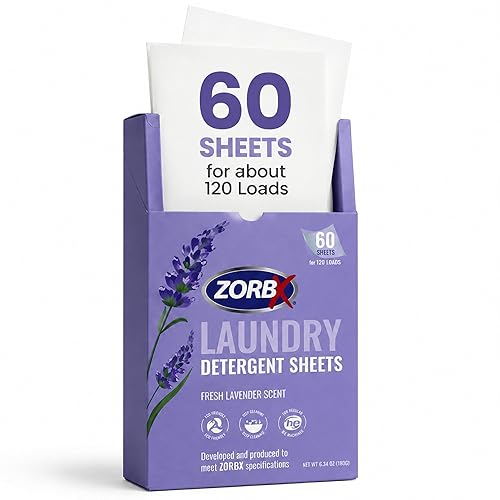 ZORBX Lavender Scented Laundry Detergent Sheets (60 Ct for Up to 120 Loads) - Liquid-less, Quick Dissolving Laundry Soap Sheets for Tackling Tough