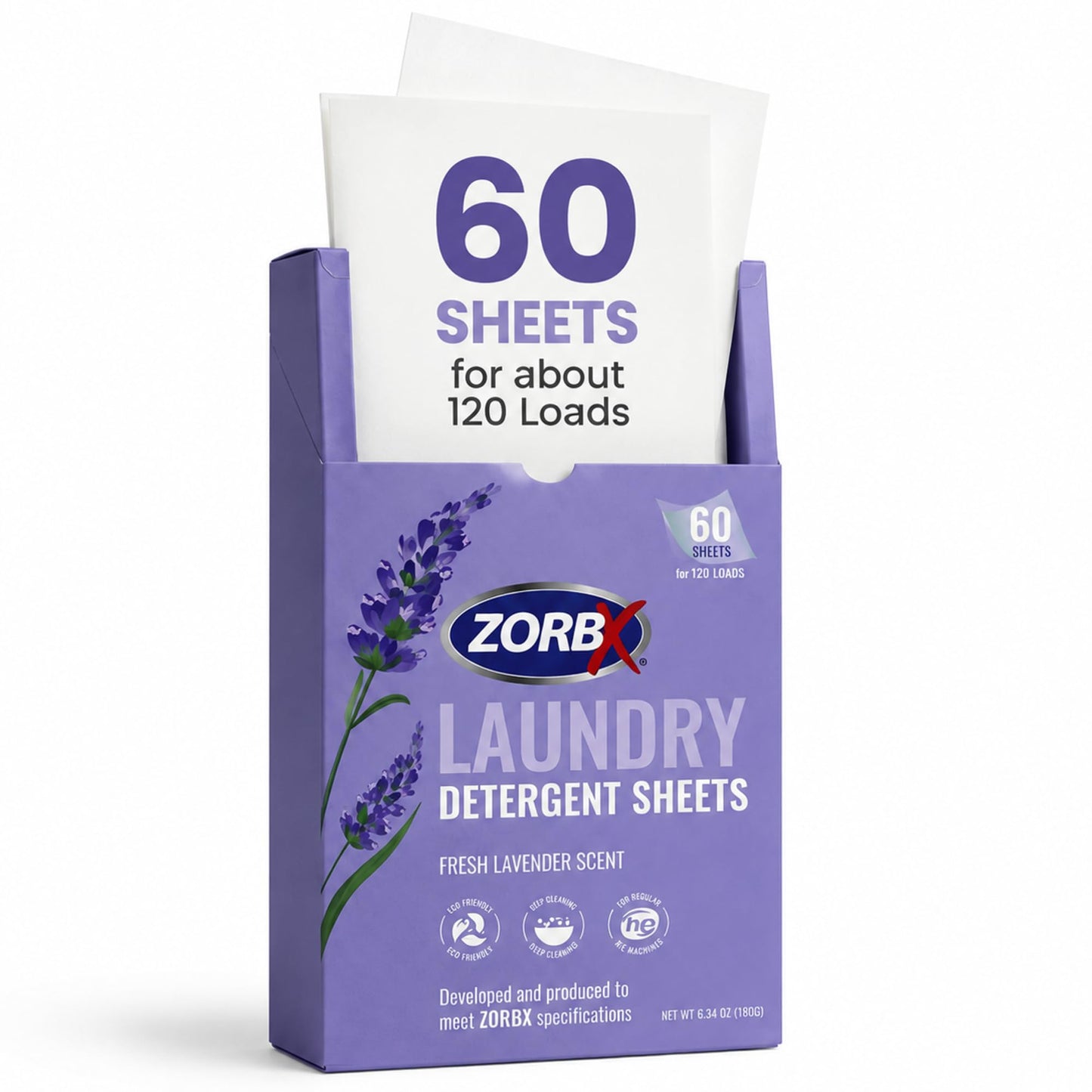 ZORBX Lavender Scented Laundry Detergent Sheets (60 Ct for Up to 120 Loads) - Liquid-less, Quick Dissolving Laundry Soap Sheets for Tackling Tough