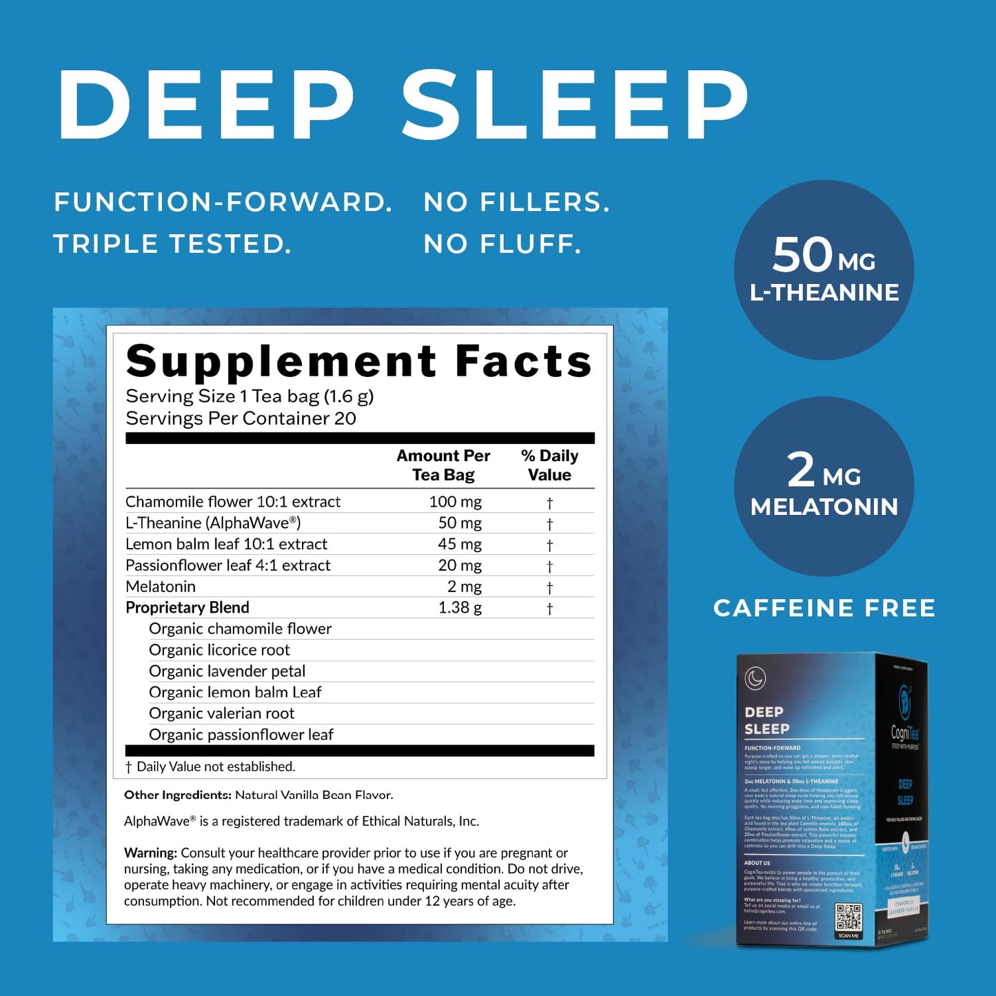 CogniTea Deep Sleep Tea 2mg Melatonin and 50mg L-Theanine for Deep Sleep with Valerian, Chamomile, Lemon Balm and Passion flower Extra Strength Sleepy