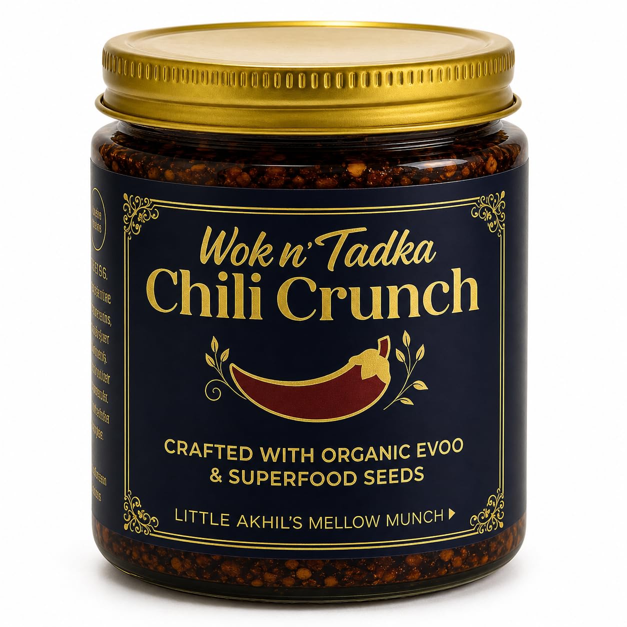 Wok n Tadka Garlic Chili Crunch 6oz - Crunchy Chili Oil with Organic EVOO, No Seed Oils, No Sugar Added, No MSG, Gluten Free, Mild Chili Crisp Topping
