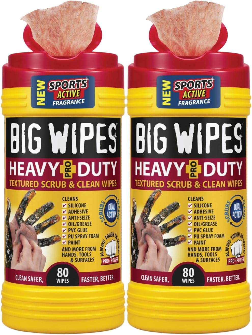 BIG WIPES Heavy Duty Industrial Hand Cleaning Wipes, Textured Scrubbing Degreaser Wipes for Mechanics and Tool Cleaner - 80 Count Canister (2 Pack)