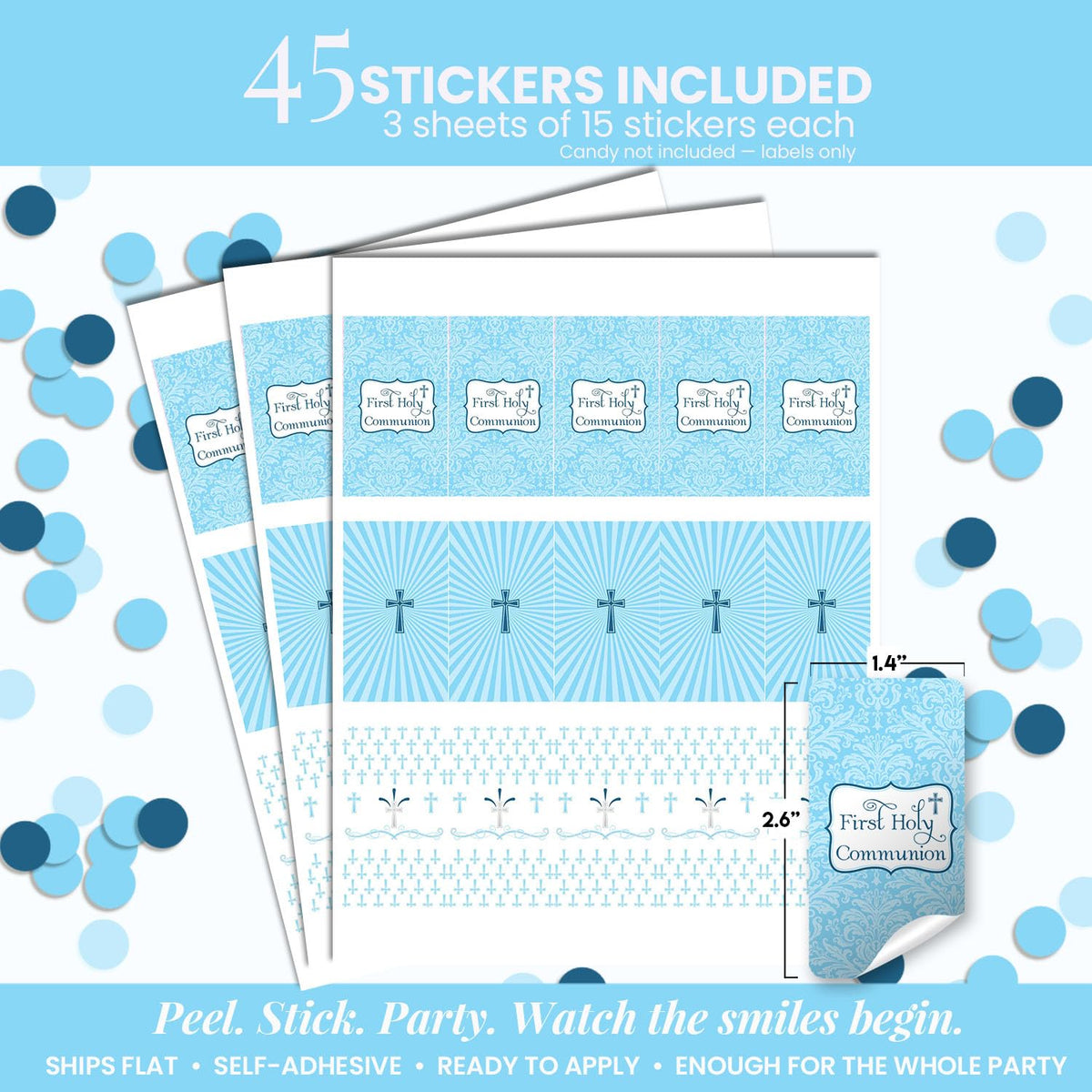 First Holy Communion Mini Chocolate Candy Bar Sticker Wrappers for Boys, 45 1.4" x 2.6" Wrap Around Labels by AmandaCreation, Great for Party Favors