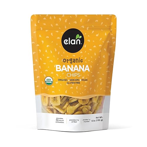 Elan Organic Banana Chips, 4.8 oz, Non-GMO, Vegan, Gluten-Free, Kosher, Sweetened with Organic Sugar, Crunchy Snacks, Sweet Snacks