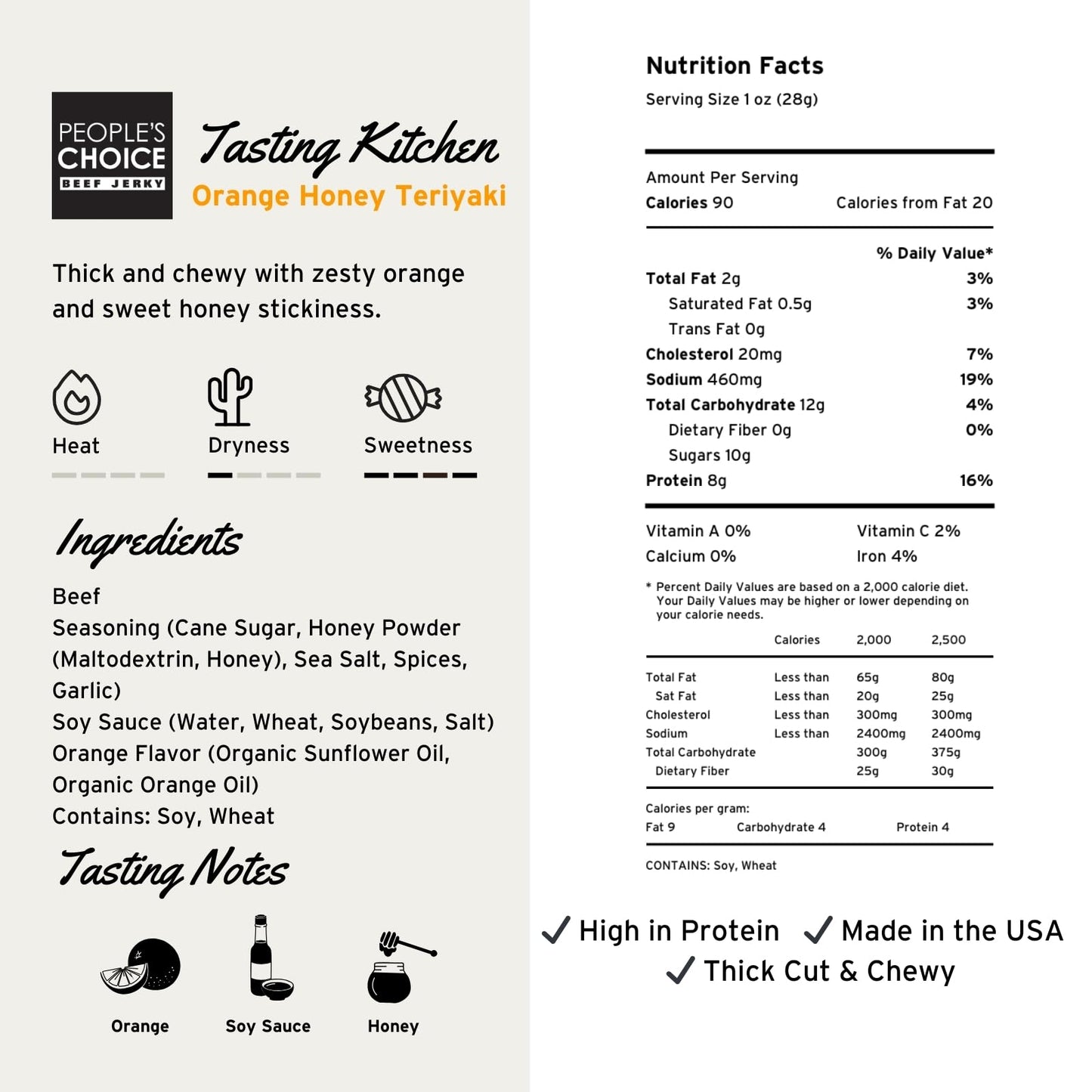 People’s Choice Beef Jerky - Tasting Kitchen - Orange Honey Teriyaki - Sweet & Savory - 8g Protein - Made in USA - 1 Pound (16 oz) Bag