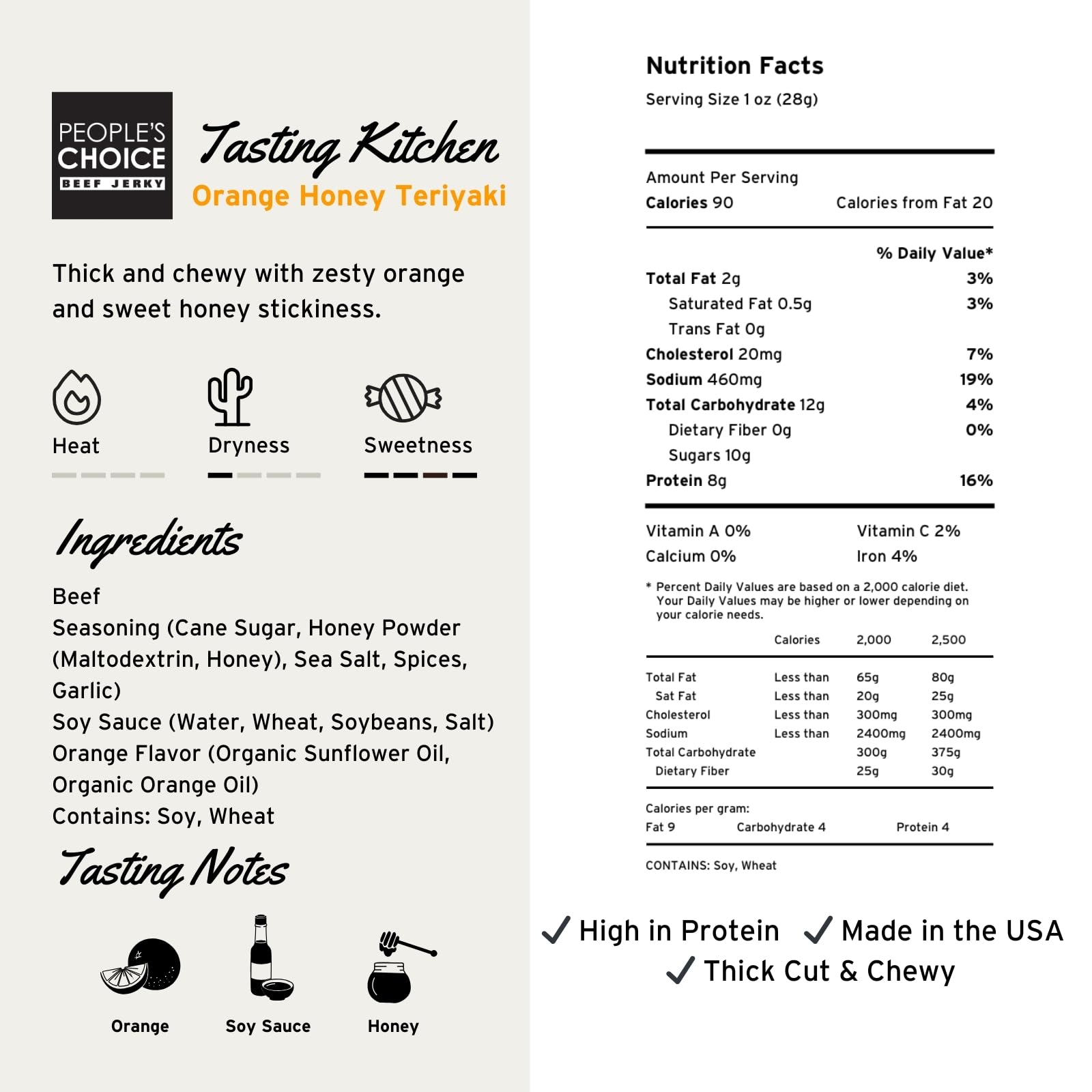 People’s Choice Beef Jerky - Tasting Kitchen - Orange Honey Teriyaki - Sweet & Savory - 8g Protein - Made in USA - 1 Pound (16 oz) Bag
