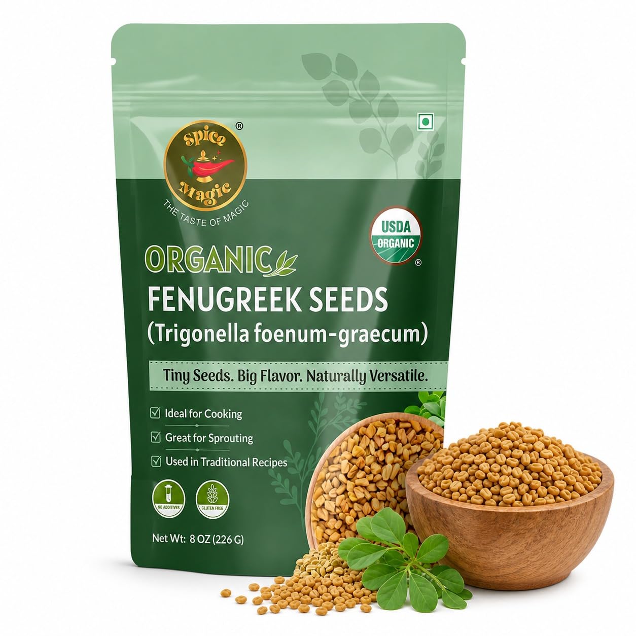 Spice Magic Organic Fenugreek Seeds 8 oz (226g) | USDA Organic Methi Seeds (Semillas de Fenogreco) | Whole Aromatic Spice | Lab Tested | Resealable