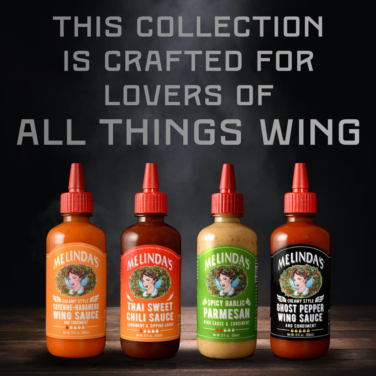 Melinda’s Wing Connoisseur Collection - Craft Wing Sauce & Condiment Set for Buffalo Wings - With Creamy Style Cayenne Habanero, Thai Sweet Chili