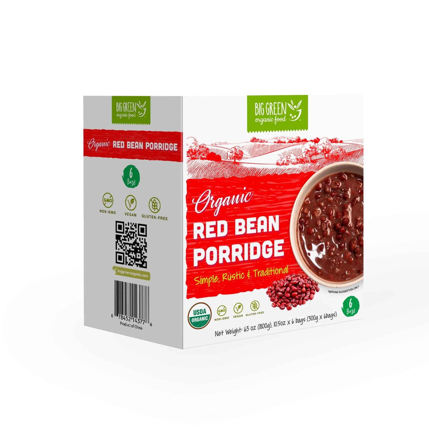 Big Green Organic Food - Organic Red Bean Porridge, Whole Adzuki Beans, Unsweetened, Non-GMO, Gluten-Free, Vegan, Healthy Breakfast, Easy Instant